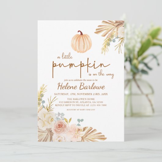 Floral Little Pumpkin Boho Babydusche Einladung (Stehend Vorderseite)