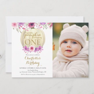 Floral Little Pumpkin Girls 1. Geburtstags-Foto Einladung