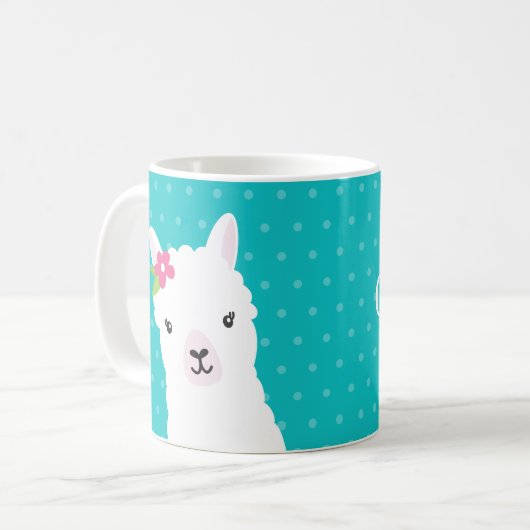 Floral Llama Alpaca Aquamarin Personalisiert Kaffeetasse (Vorderseite Links)