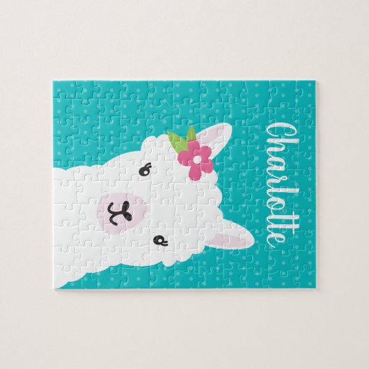 Floral Llama Alpaca Aquamarine Personalisierte Kin Puzzle (Horizontal)