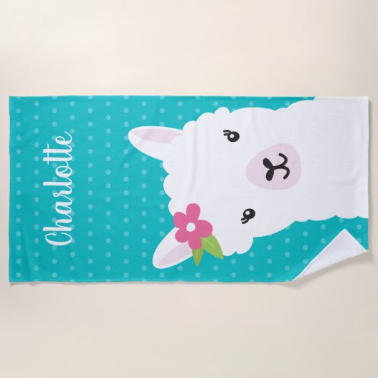 Floral Llama Alpaca Aquamarine Personalisierte Kin Strandtuch (Vorderseite)