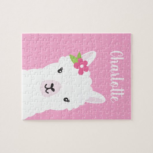 Floral Llama Alpaca Rosa Personalisierte Kinder Puzzle (Horizontal)