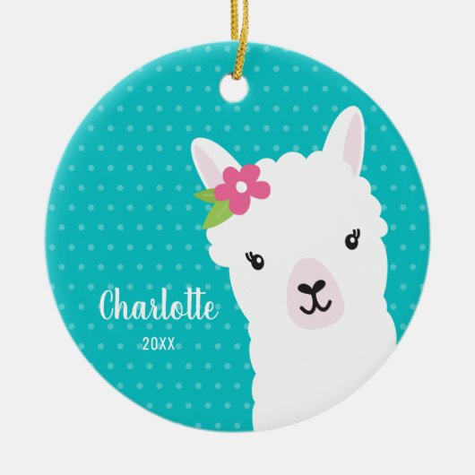 Floral Llama Alpaca Teal Girl Christmas Keramik Ornament (Vorne)