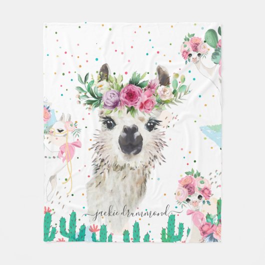 Floral Llama Face | Monogramm-Fleece Fleecedecke (Vorderseite)