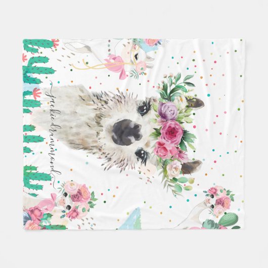 Floral Llama Face | Monogramm-Fleece Fleecedecke (Vorderseite (Horizontal))