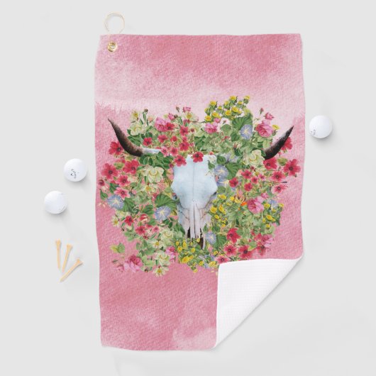 Floral Longhorn Skull auf Aquarell Golfhandtuch (Insitu)
