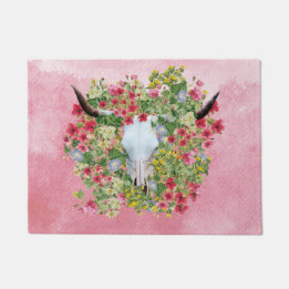 Floral Longhorn Skull auf Aquarellfarbe Fußmatte