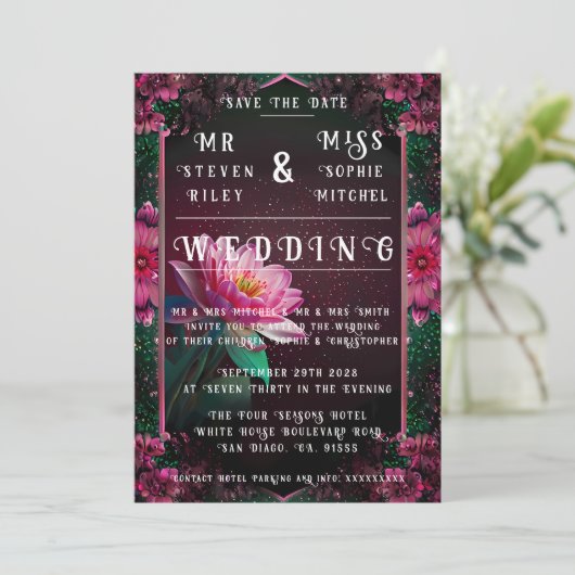 Floral Lotus Wedding Suite | Starry Night Romance Einladung (Stehend Vorderseite)