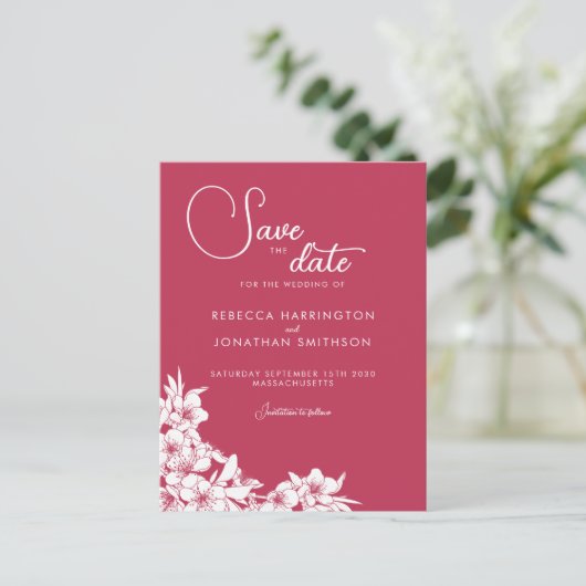 Floral Magenta Pink Wedding Save the Date Postcard Postkarte (Stehend Vorderseite)