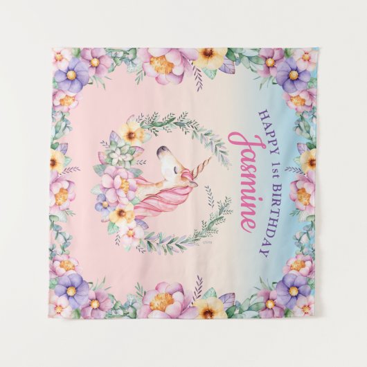 Floral Magical Unicorn Backdrop & Tapestry Wandteppich (Vorderseite (Horizontal))