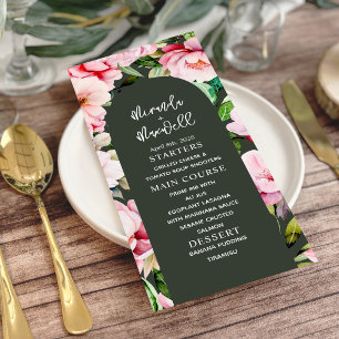 Floral Magnolia Peony Dark Green Wedding Menükarte
