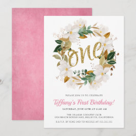 Floral Magnolia Rosa und Gold 1. Geburtstag Party Einladung