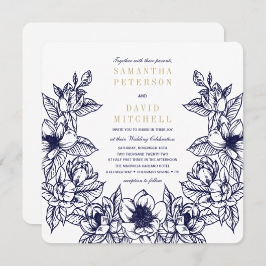 Floral Magnolia Wreath | Blau & Gold | Hochzeit Einladung (Vorne/Hinten)