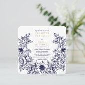 Floral Magnolia Wreath | Blau & Gold | Hochzeit Einladung (Stehend Vorderseite)