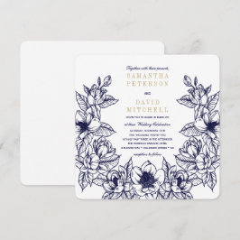 Floral Magnolia Wreath | Blau & Gold | Hochzeit Einladung