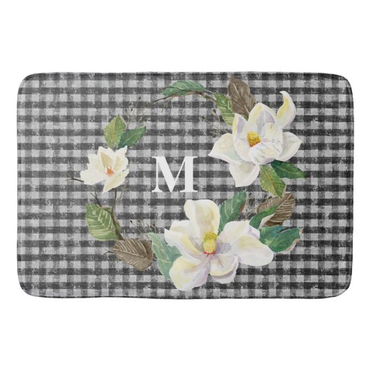 Floral Magnolisch Schwarz-Weiß-Karo mit Monogramm Badematte (Vorderseite)