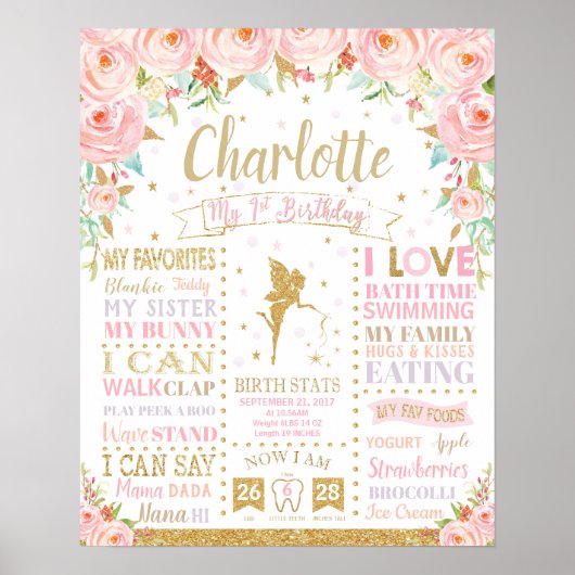 Floral Mairy 1. Geburtstag Meilenstein Geburtsstun Poster (Vorne)