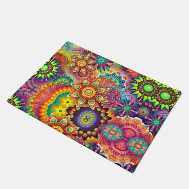 Floral Mandala Collage Psychedelic Fußmatte (Schrägansicht)