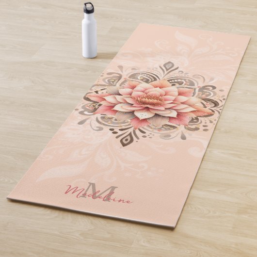 Floral Mandala Coral Pink Mocha Chic Name Monogram Yogamatte (Beispiel)