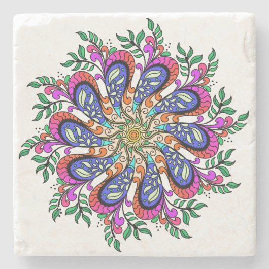 Floral Mandala Design in hübscher Blues und Pinsel Steinuntersetzer (Vorderseite)