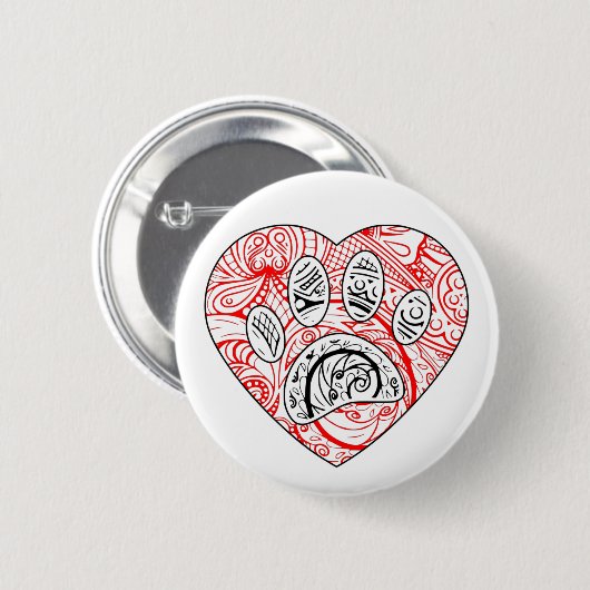 Floral Mandala Dog Paw Print Red Heart Button (Vorne & Hinten)