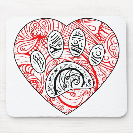 Floral Mandala Dog Paw Print Red Heart Mousepad (Vorne)