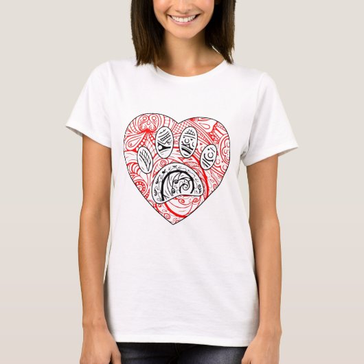 Floral Mandala Dog Paw Print Red Heart T-Shirt (Vorderseite)