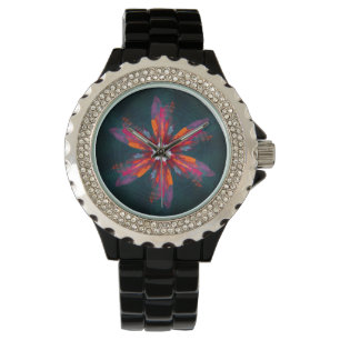 Floral Mandala Flowers Orange Red Blue Abstract Armbanduhr