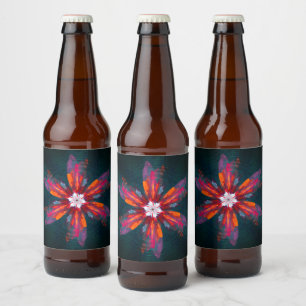 Floral Mandala Flowers Orange Red Blue Abstract Bierflaschenetikett