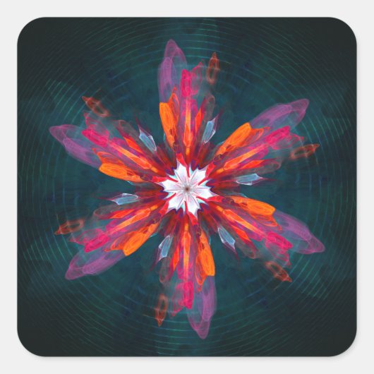 Floral Mandala Flowers Orange Red Blue Abstract Quadratischer Aufkleber (Vorderseite)