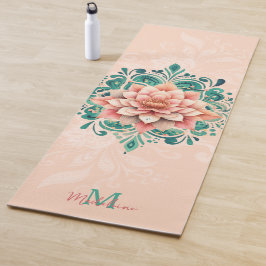 Floral Mandala Peach Pink Green Chic Monogram Yogamatte