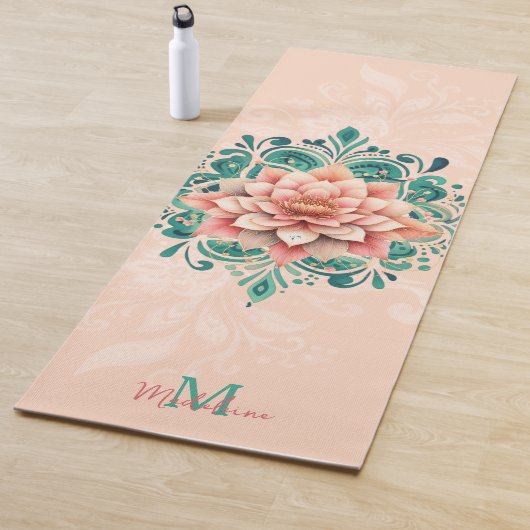 Floral Mandala Peach Pink Green Chic Monogram Yogamatte (Beispiel)