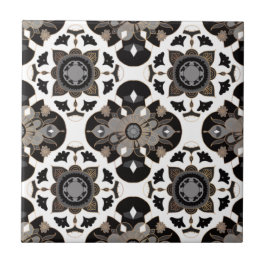 Floral Mandala Taupe Gray Black Fliese