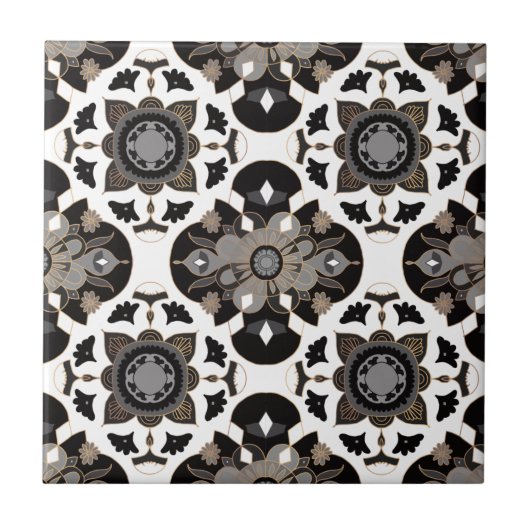 Floral Mandala Taupe Gray Black Fliese (Vorderseite)