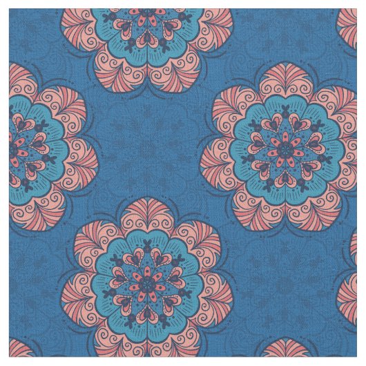 Floral Mandala Tile in Blau und Rosa Stoff (Nahaufnahme)