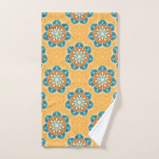 Floral Mandala Tile in Orange & Aquamarin Badhandtuch Set (Handtuch)