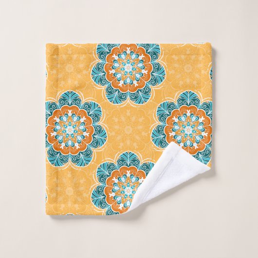 Floral Mandala Tile in Orange & Aquamarin Badhandtuch Set (Waschlappen)