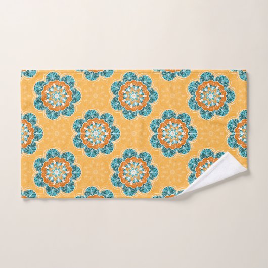Floral Mandala Tile in Orange & Aquamarin Badhandtuch Set (Handtuch)