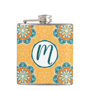 Floral Mandala Tile in Orange & Aquamarin Flachmann