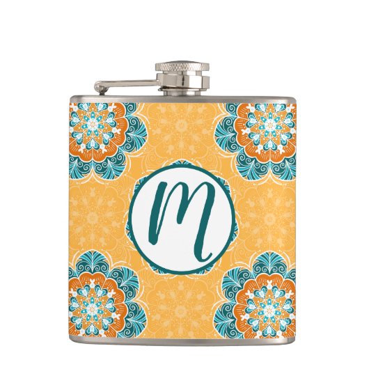 Floral Mandala Tile in Orange & Aquamarin Flachmann (Vorderseite)