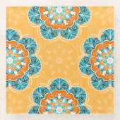 Floral Mandala Tile in Orange & Aquamarin Glasuntersetzer (Vorderseite)