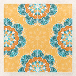Floral Mandala Tile in Orange & Aquamarin Glasuntersetzer