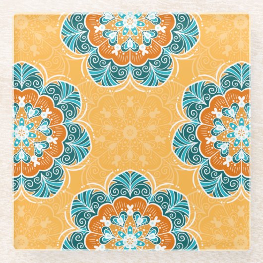 Floral Mandala Tile in Orange & Aquamarin Glasuntersetzer (Vorderseite)