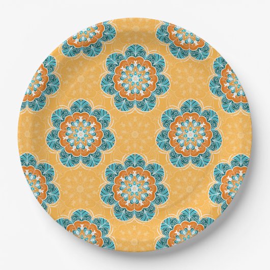 Floral Mandala Tile in Orange & Aquamarin Pappteller (Vorderseite)