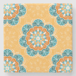 Floral Mandala Tile in Orange & Aquamarin Steinuntersetzer