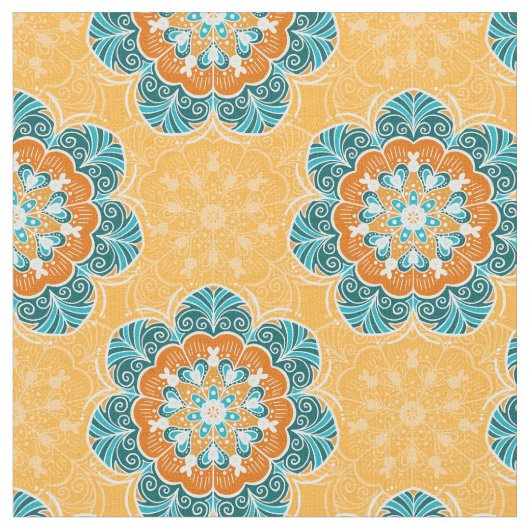 Floral Mandala Tile in Orange & Aquamarin Stoff (Nahaufnahme)