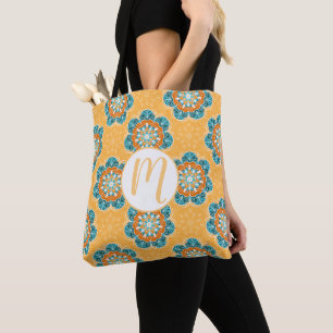 Floral Mandala Tile in Orange & Aquamarin Tasche