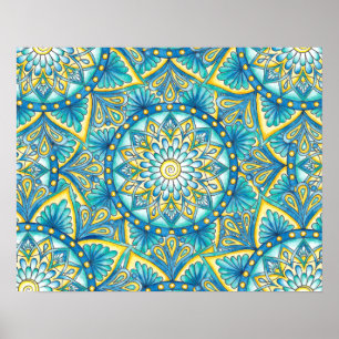 Floral Mandala Yellow Blue Türkise Muster Poster