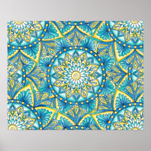 Floral Mandala Yellow Blue Türkise Muster Poster (Vorne)