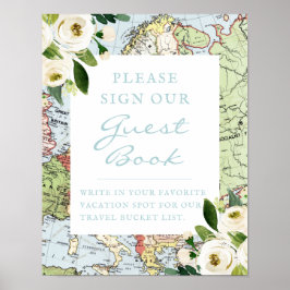 Floral Map Travel Theme Gästebuchunterschrift Poster
